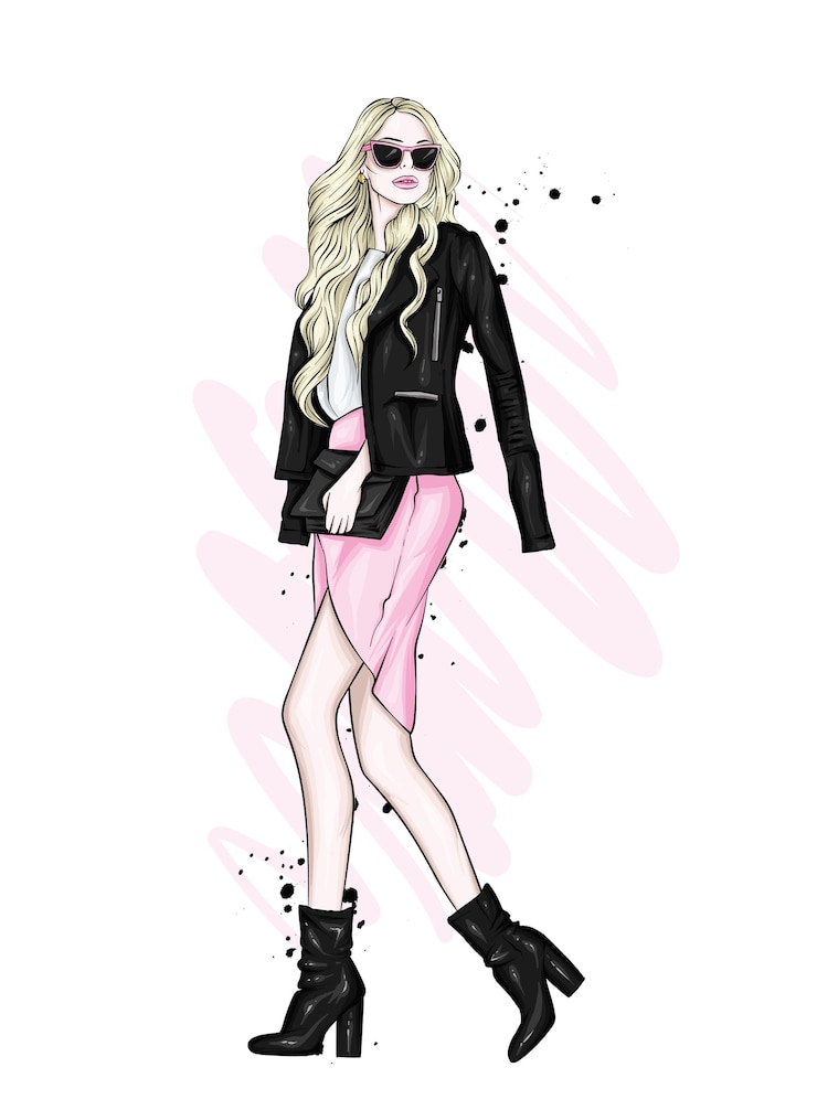 Vector una hermosa chica con el pelo largo con gafas, chaqueta, falda y botas con tacones.