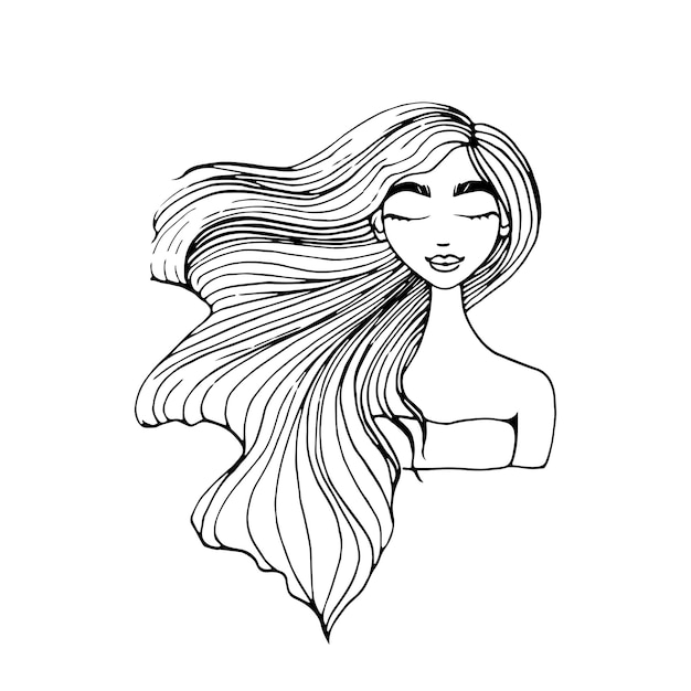 Vector hermosa chica con el pelo largo y ondulado aislado en blanco