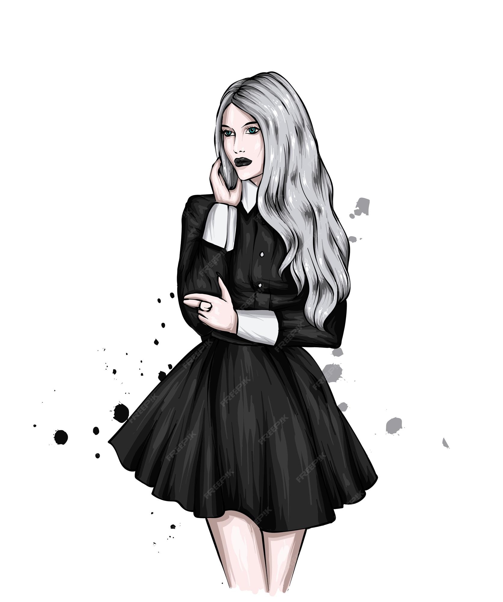 Hermosa chica con el pelo largo con un vestido elegante | Vector Premium Hermosa chica con el pelo largo con un vestido elegante | Vector Premium