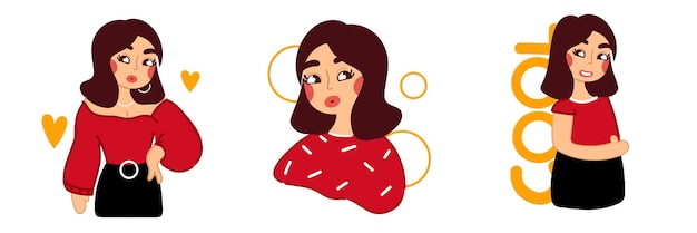 Hermosa chica Plano rojo naranja conjunto de ilustraciones de una niña Ilustración vectorial