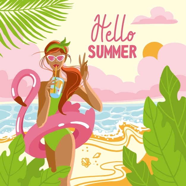 Hermosa chica en la playa paisaje marino vacaciones de verano banner vector ilustración