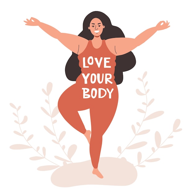 Vector una hermosa chica regordeta está de pie en una pose de yoga una mujer joven sonríe y transmite un cuerpo positivo la inscripción ama tu cuerpo