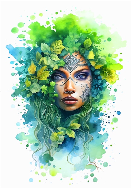 Hermosa chica rodeada de hojas verdes pintura acuarela