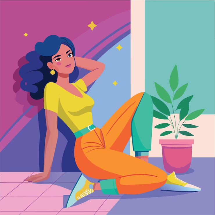 Vector una hermosa chica con ropa brillante se relaja y descansa apoyándose en una almohada suave cerca de la pared