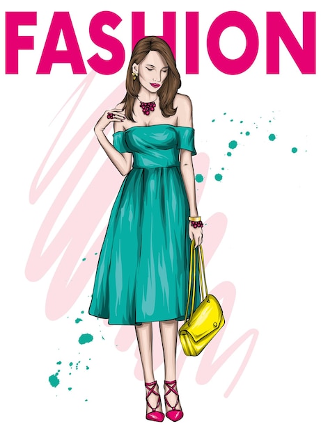 Vector hermosa chica con ropa elegante y accesorios de moda y estilo.