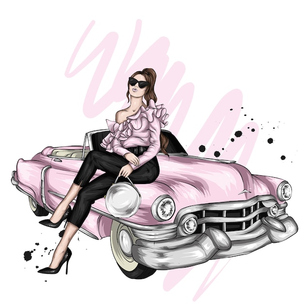 Vector hermosa chica con ropa elegante y un coche retro