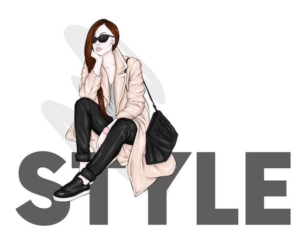 Vector hermosa chica en ropa elegante y gafas ropa y accesorios de moda y estilo