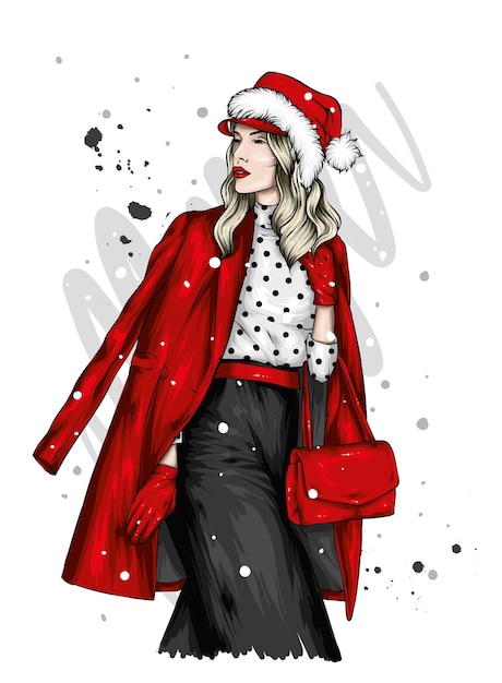 Hermosa chica con ropa elegante de Navidad y un sombrero de Santa Claus y año nuevo