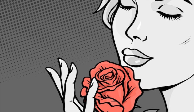 Hermosa chica con una rosa roja sobre fondo negro