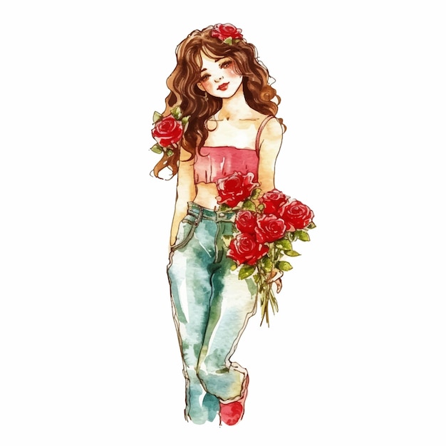 Una hermosa chica con rosas en la mano pintura acuarela