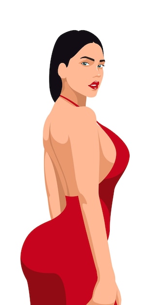 Vector hermosa chica sexy en vestido rojo con hermosa forma de cuerpo de fitness de pie con la espalda desnuda y en er