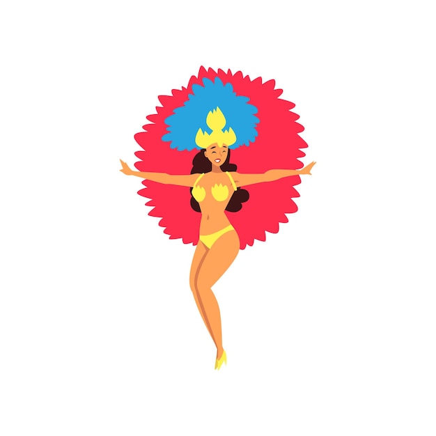 Hermosa chica sonriente en colorido traje de festival Bailarina de samba brasileña Carnaval de Río de Janeiro Ilustración vectorial sobre fondo blanco