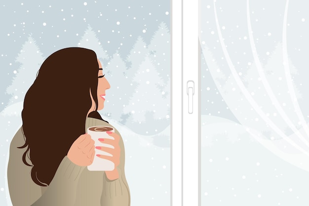 Hermosa chica con una taza de café de pie en una ventana de invierno. Carácter de estilo plano de invierno. Vector.