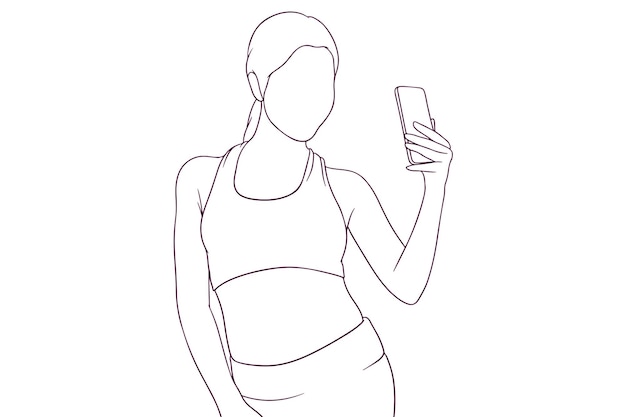 Hermosa chica en traje de fitness toma una ilustración de vector de estilo dibujado a mano selfie