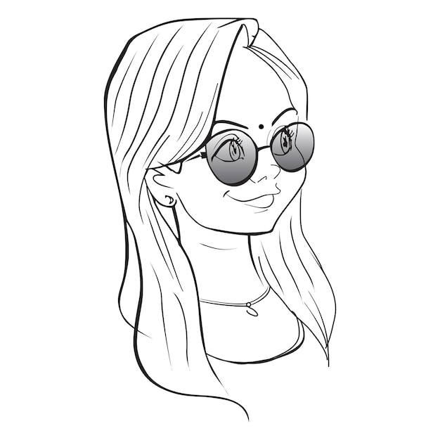 Una hermosa chica usa gafas de sol vector de contorno de arte negro sobre fondo blanco