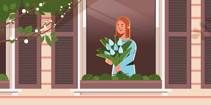 Vector hermosa chica en la ventana con ramo de flores 8 de marzo concepto de celebración del día internacional de la mujer feliz