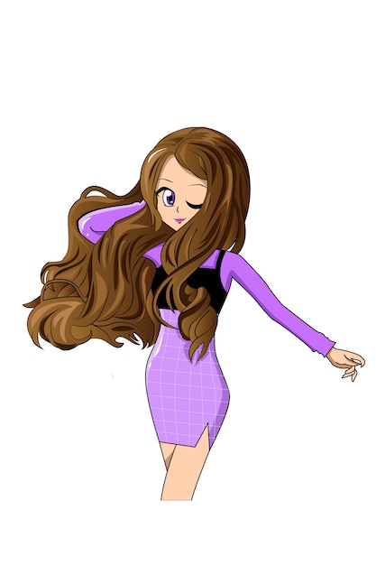 Vector hermosa chica con vestido morado y cabello largo