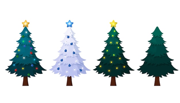 Hermosa colección de árboles de Navidad con estrellas, adornos de cinta y bombillas ilustración vectorial