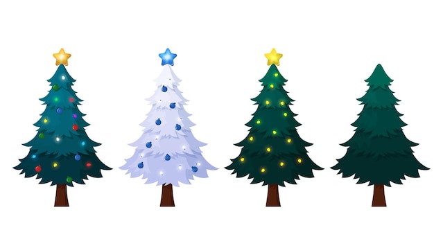 Hermosa colección de árboles de navidad con estrellas, adornos de cinta y bombillas ilustración vectorial