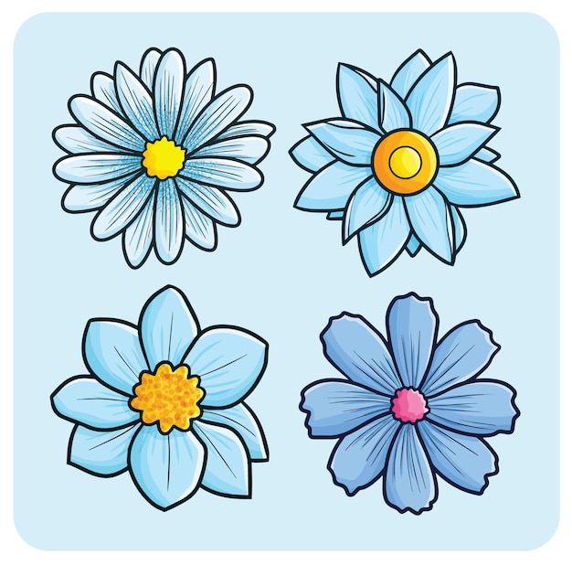 Hermosa colección de dibujos animados de flores azules