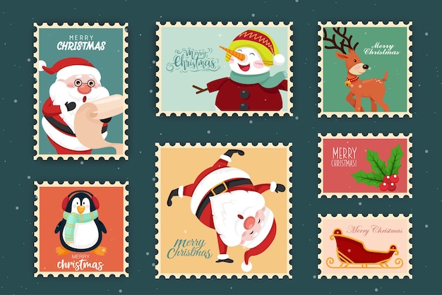Hermosa colección de sellos con estilo vintage de objetos de feliz navidad como santa claus, muñeco de nieve, penquin y berry, personaje de dibujos animados, diseño plano