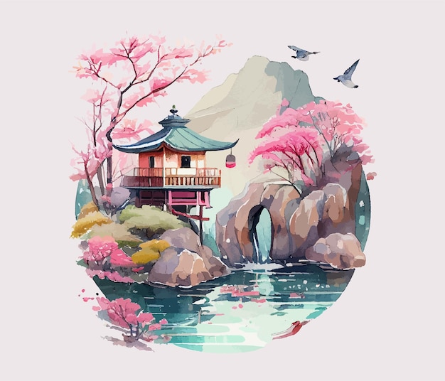 Hermosa composición casa tradicional japonesa junto al río junto a los cerezos en flor