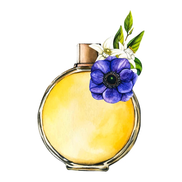 hermosa composición con perfume y flores acuarela ilustración vectorial botella de perfume amarilla con anémonas púrpuras flores blancas sobre fondo blanco perfumería cosméticos agua de inodoro fragancia