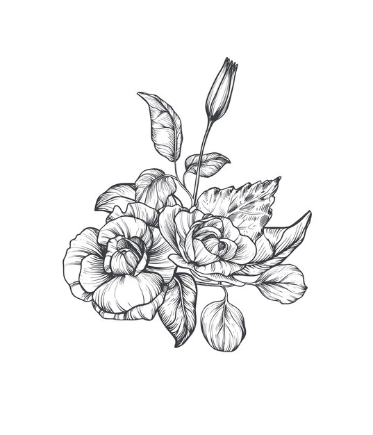 Hermosa composición vectorial dibujada a mano con flores de jardín en blanco y negro