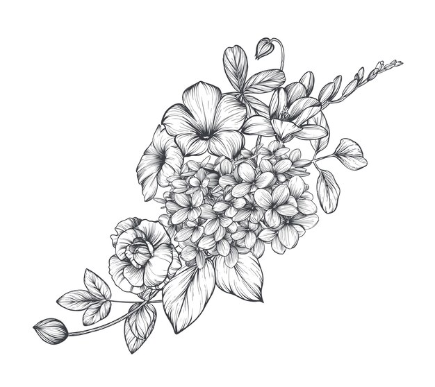 Hermosa composición vectorial dibujada a mano con flores de jardín en blanco y negro