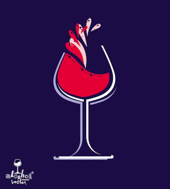 Hermosa copa de vino vectorial con salpicadura, ilustración de tema de alcohol. Copa de arte estilizada, objeto de encuentro romántico decorativo. Elemento gráfico de vacaciones y aniversario.