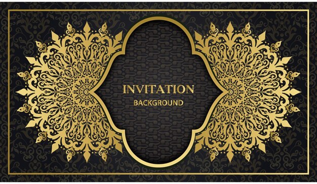 Hermosa y decorativa tarjeta de felicitación e invitación. Diseño de fondo de mandala vintage dorado.