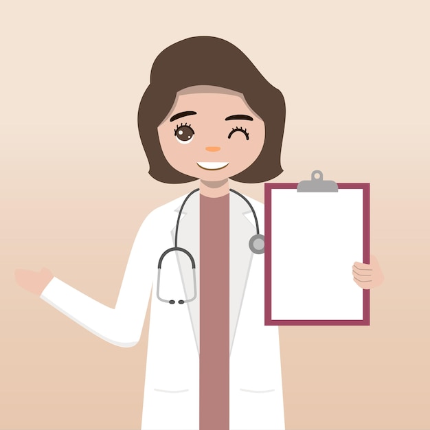 Vector hermosa doctora con personaje de dibujos animados dibujados a mano conjunto médico