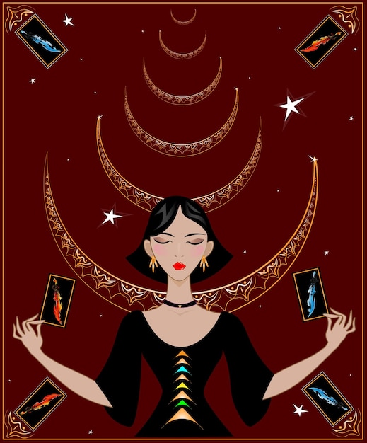 Una hermosa y elegante cajera futura en lujoso terciopelo sostiene cartas de taro Adivinación del tarot