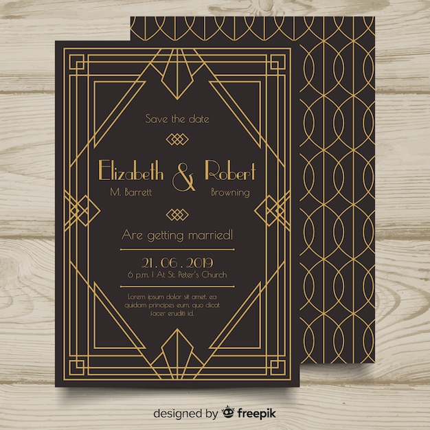 Vector hermosa elegante plantilla de invitación de boda en estilo art deco