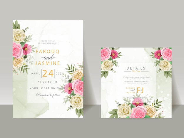 Hermosa y elegante tarjeta de invitación de boda con flores y hojas.