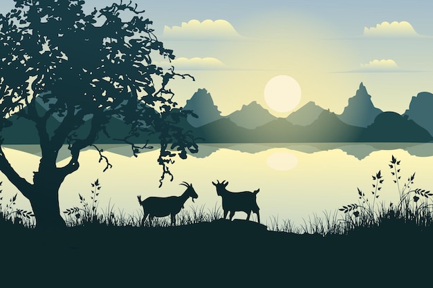 Hermosa escena de la naturaleza junto al río en la tarde ilustración plana fondo de diseño de paisaje