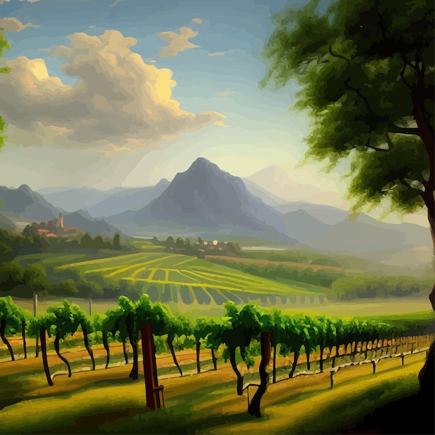 Vector hermosa escena rural con viñedos en colinas con árboles y arbustos contra el fondo de la