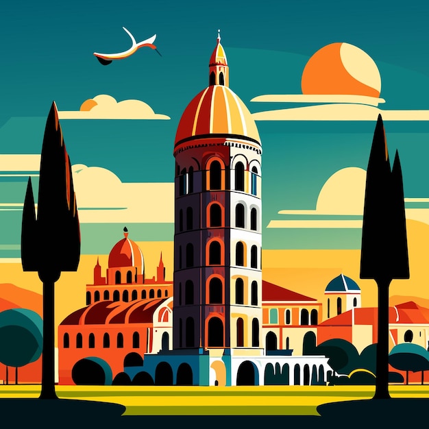 Vector hermosa escena con la torre inclinada de pisa, mundialmente famoso símbolo de atracción turística italiana