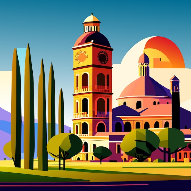 Vector hermosa escena con la torre inclinada de pisa, mundialmente famoso símbolo de atracción turística italiana