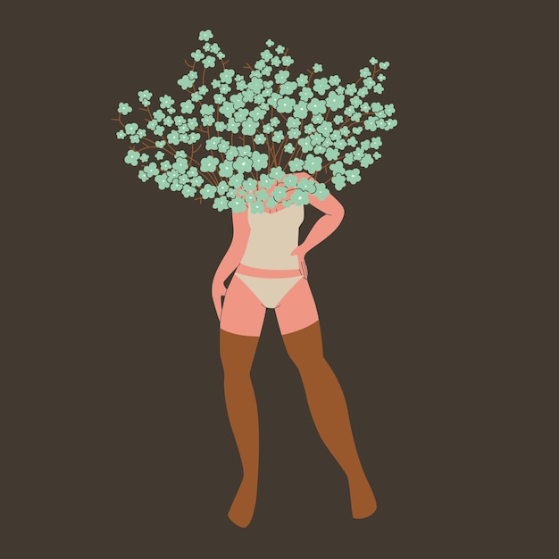 Vector una hermosa figura femenina esbelta en traje de baño o ropa interior con un enorme ramo de flores en los hombros o en la cabeza ilustración vectorial aislada para el diseño