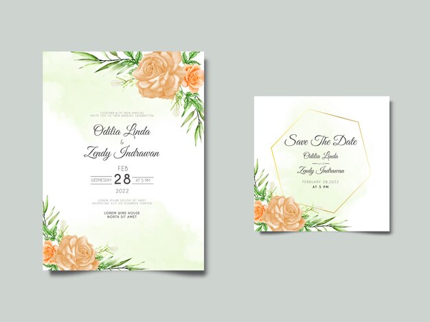 hermosa flor dibujada a mano y hojas plantilla de invitación de boda