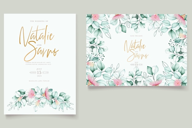 hermosa flor de eucalipto y hojas conjunto de tarjetas de invitación de boda