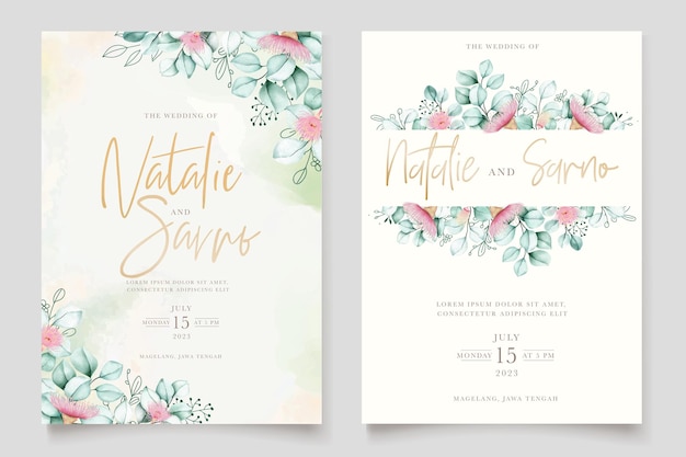 hermosa flor de eucalipto y hojas conjunto de tarjetas de invitación de boda