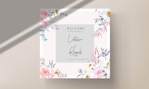 hermosa flor floreciente y hojas tarjeta de invitación de boda acuarela