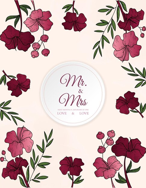 Hermosa flor floreciente y hojas tarjeta de invitación de boda
