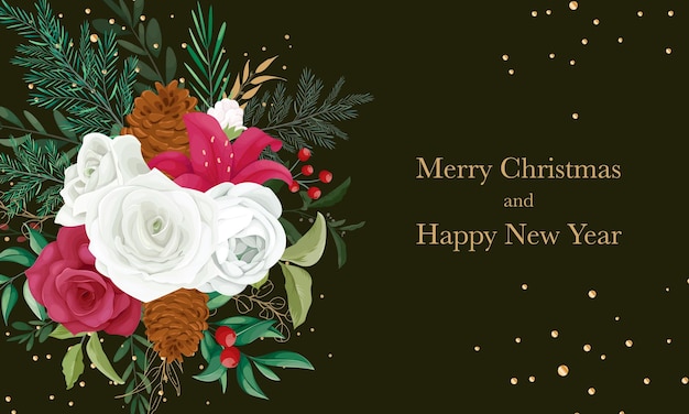 hermosa flor y hojas doradas diseño de tarjeta de navidad