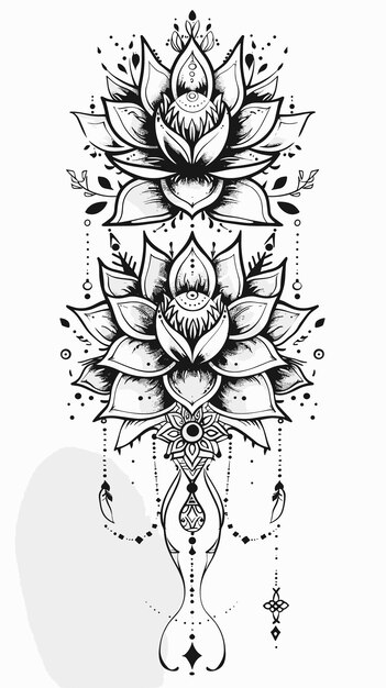 hermosa flor de loto en un fondo blanco ilustración vectorial en blanco y negro en estilo tatuaje