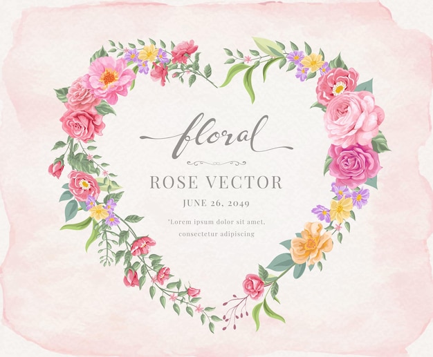 Hermosa flor de rosa y hoja botánica en forma de corazón acuarela digital pintada ilustración para amor boda día de san valentín o tarjeta de felicitación de diseño de invitación de arreglo