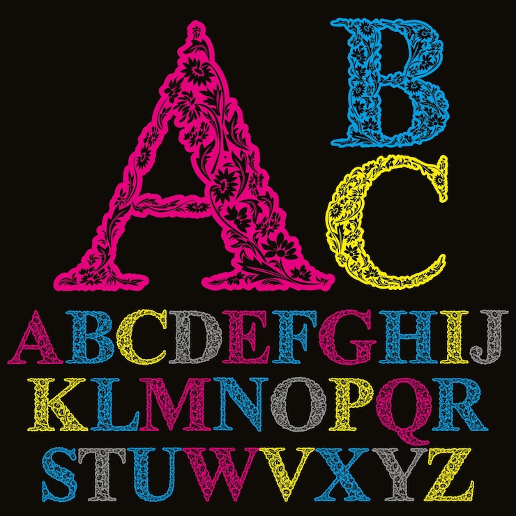 Vector hermosa fuente de letras florales, alfabeto vectorial.