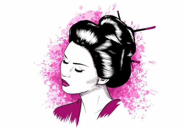 Una hermosa geisha japonesa sostiene una ilustración vectorial roja